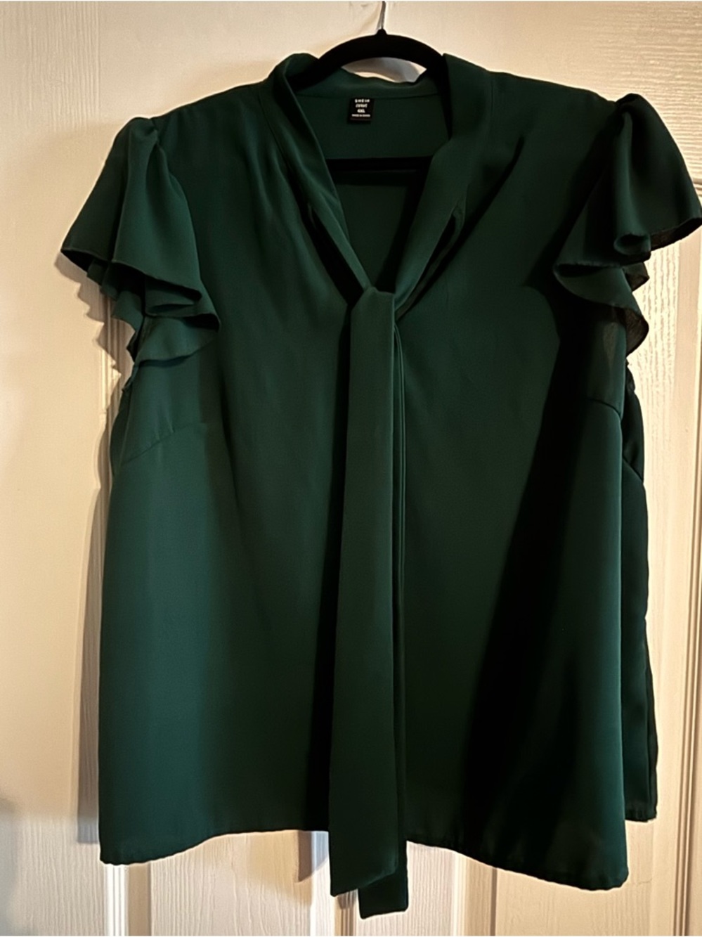 SHEIN Emerald Green Tie-Neck Flutter Sleeve Blouse
